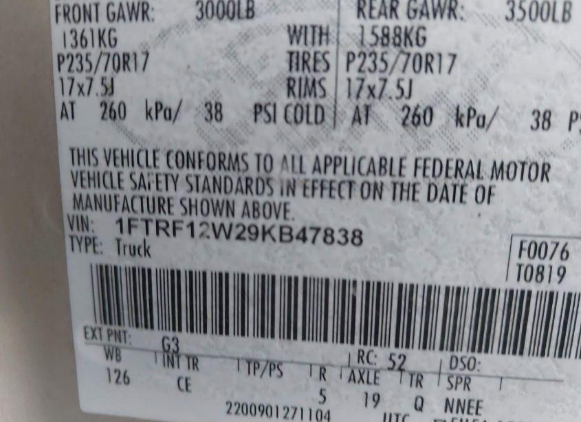 Photo 9 of 2009 Ford F-150 XL (VIN 1FTRF12W29KB47838)