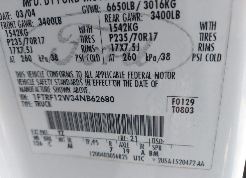 Photo 9 of 2004 Ford F-150 STX/XL/XLT (VIN 1FTRF12W34NB62680)