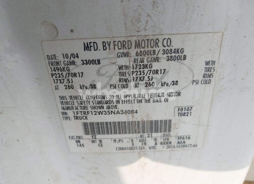 Photo 9 of 2005 Ford F-150 STX/XL/XLT (VIN 1FTRF12W35NA34084)