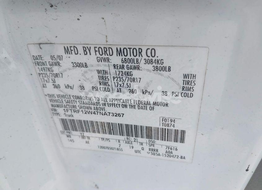 Photo 9 of 2007 Ford F-150 STX/XL/XLT (VIN 1FTRF12W47NA73267)