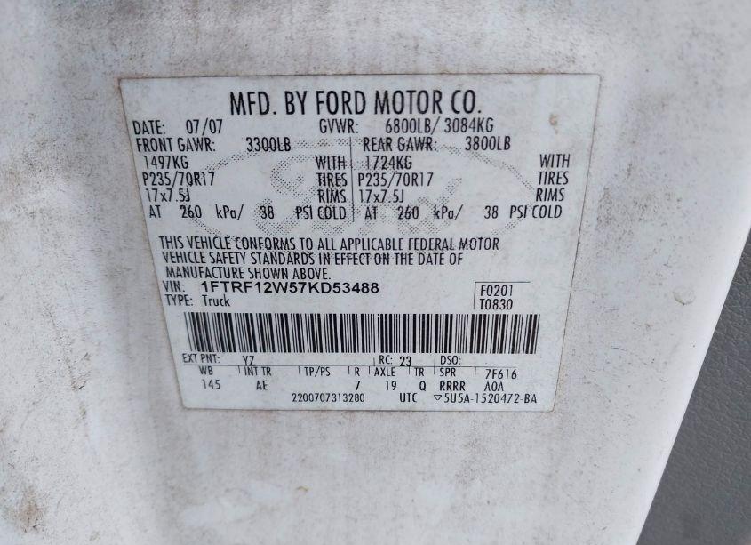 Photo 9 of 2007 Ford F-150 STX/XL/XLT (VIN 1FTRF12W57KD53488)