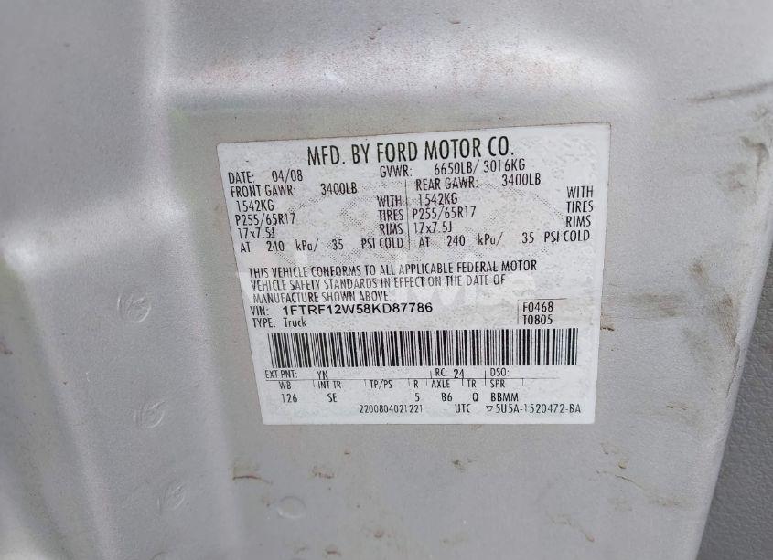 Photo 9 of 2008 Ford F-150 FX2/STX/XL/XLT (VIN 1FTRF12W58KD87786)