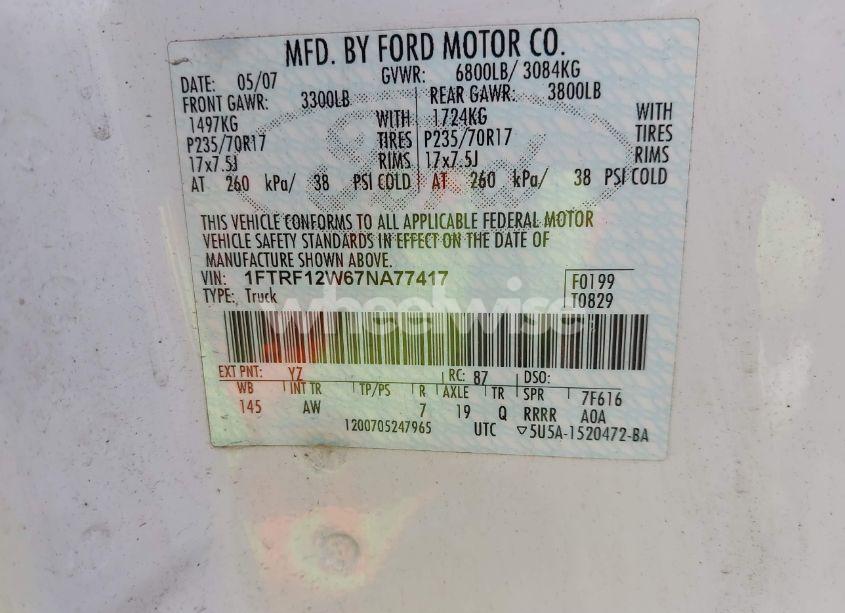 Photo 9 of 2007 Ford F-150 STX/XL/XLT (VIN 1FTRF12W67NA77417)