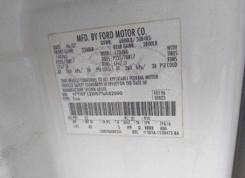 Photo 9 of 2007 Ford F-150 STX/XL/XLT (VIN 1FTRF12W67NA82990)