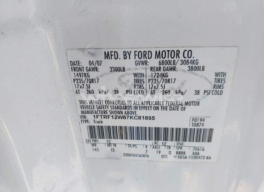 Photo 9 of 2007 Ford F-150 STX/XL/XLT (VIN 1FTRF12W87KC81895)