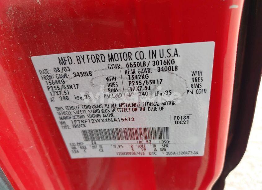 Photo 9 of 2004 Ford F-150 STX/XL/XLT (VIN 1FTRF12WX4NA15613)