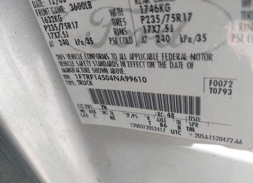 Photo 9 of 2004 Ford F-150 FX4/XL/XLT (VIN 1FTRF14504NA99610)