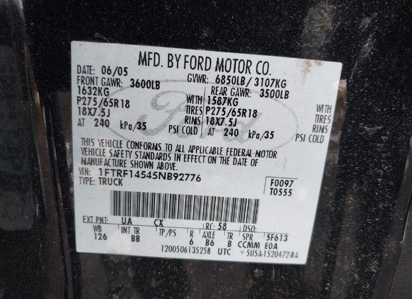 Photo 9 of 2005 Ford F-150 FX4/XL/XLT (VIN 1FTRF14545NB92776)