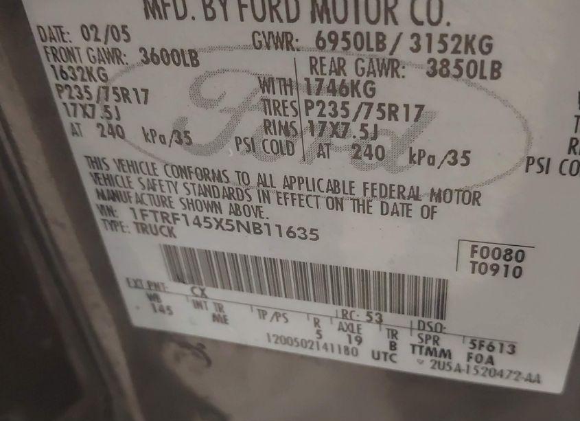 Photo 9 of 2005 Ford F-150 FX4/XL/XLT (VIN 1FTRF145X5NB11635)