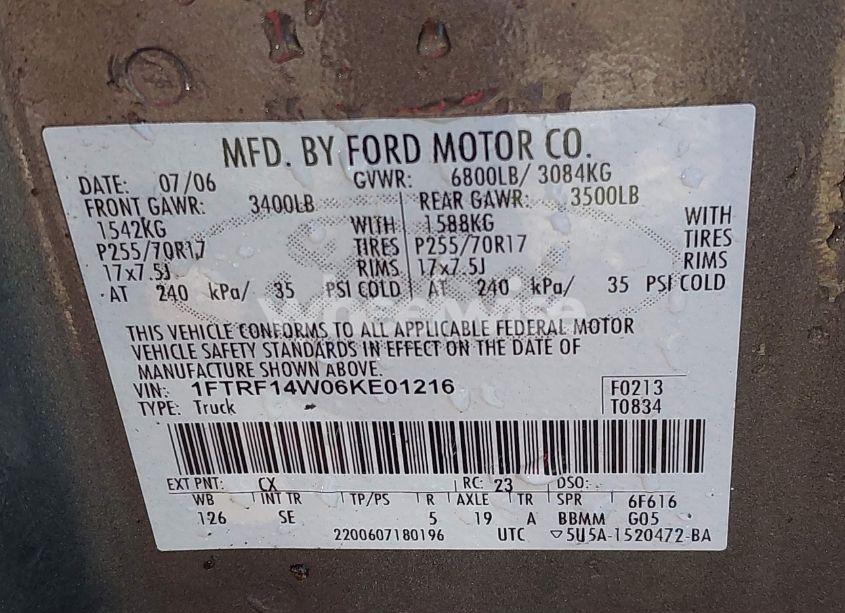 Photo 9 of 2006 Ford F-150 STX/XL/XLT (VIN 1FTRF14W06KE01216)