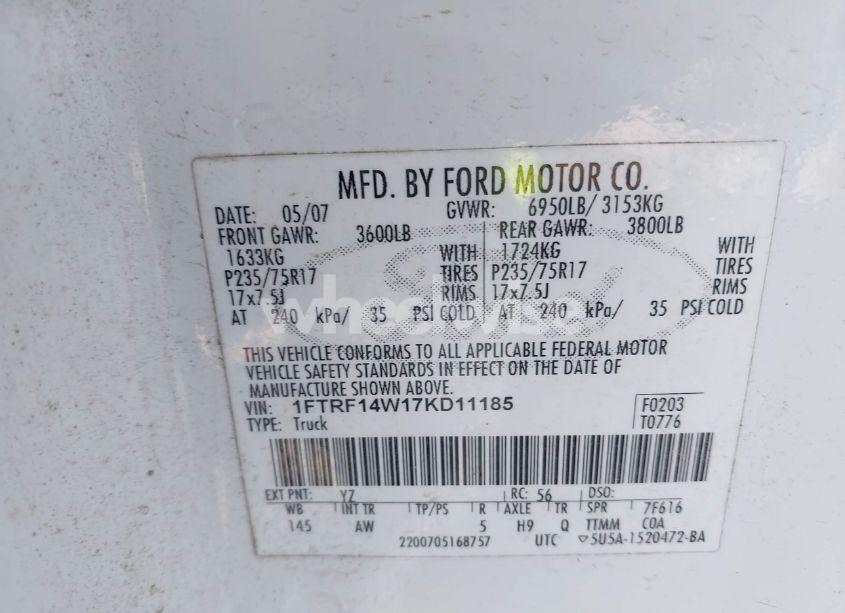 Photo 9 of 2007 Ford F-150 STX/XL/XLT (VIN 1FTRF14W17KD11185)