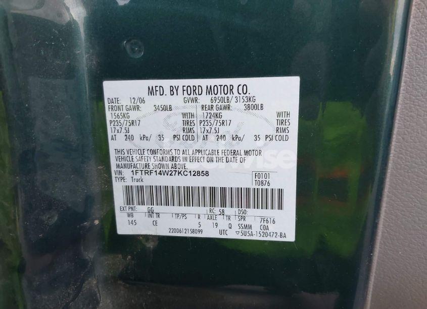 Photo 9 of 2007 Ford F-150 STX/XL/XLT (VIN 1FTRF14W27KC12858)