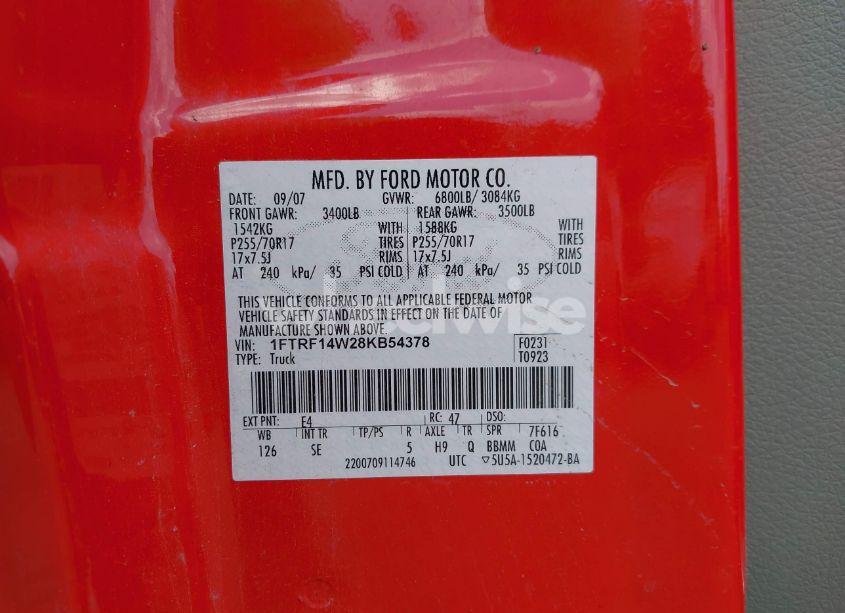 Photo 9 of 2008 Ford F-150 STX/XL/XLT (VIN 1FTRF14W28KB54378)