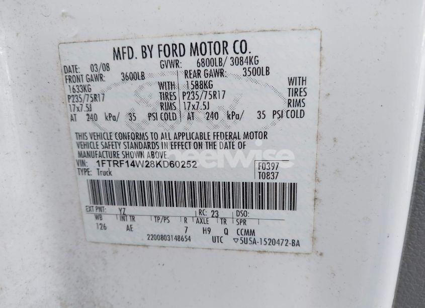 Photo 9 of 2008 Ford F-150 STX/XL/XLT (VIN 1FTRF14W28KD60252)