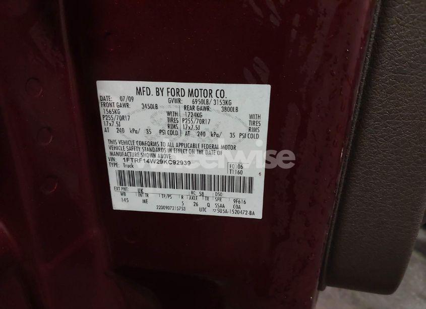 Photo 9 of 2009 Ford F-150 STX/XL/XLT (VIN 1FTRF14W29KC92939)