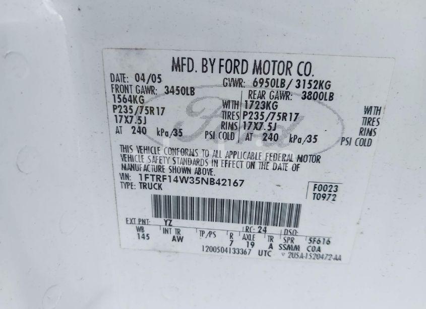 Photo 9 of 2005 Ford F-150 STX/XL/XLT (VIN 1FTRF14W35NB42167)