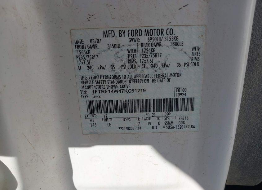 Photo 9 of 2007 Ford F-150 STX/XL/XLT (VIN 1FTRF14W47KC61219)