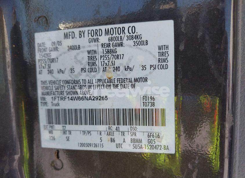 Photo 9 of 2006 Ford F-150 STX/XL/XLT (VIN 1FTRF14W66NA29265)