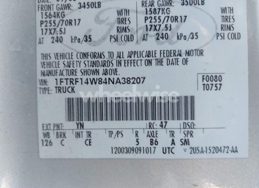 Photo 9 of 2004 Ford F-150 STX/XL/XLT (VIN 1FTRF14W84NA38207)