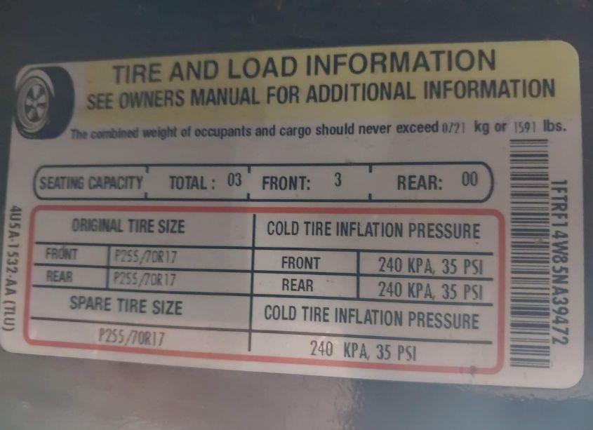 Photo 9 of 2005 Ford F-150 STX/XL/XLT (VIN 1FTRF14W85NA39472)