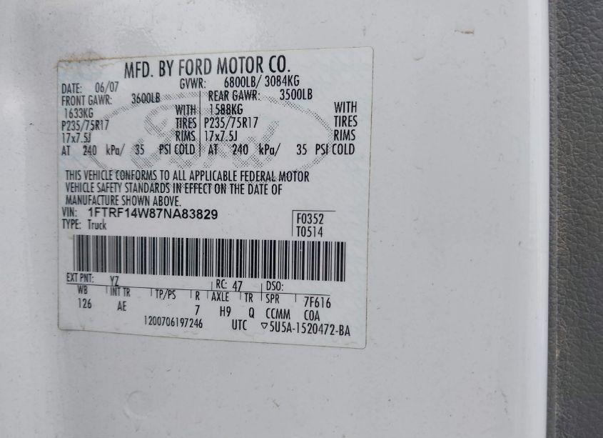 Photo 9 of 2007 Ford F-150 STX/XL/XLT (VIN 1FTRF14W87NA83829)