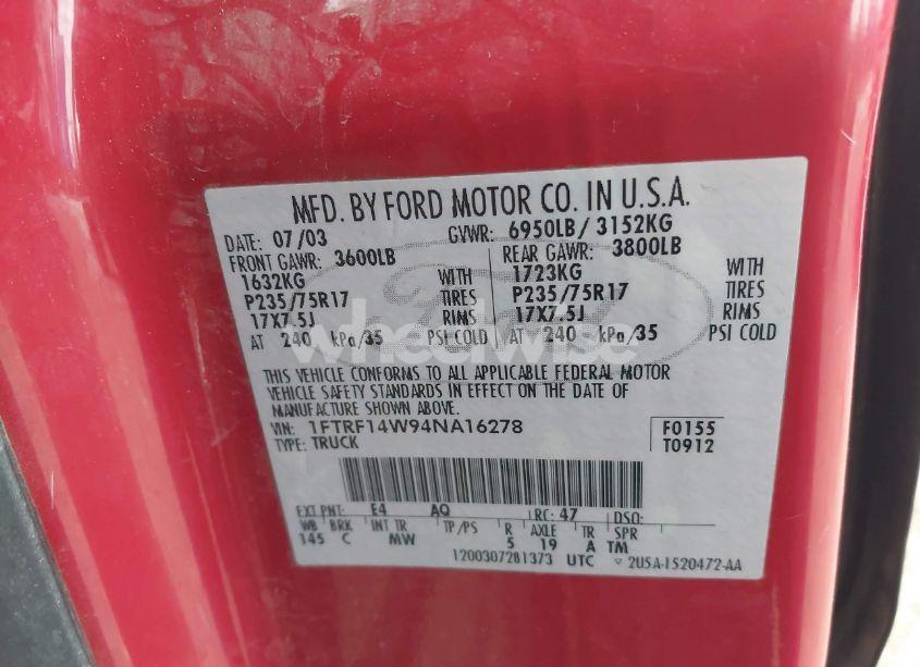 Photo 9 of 2004 Ford F-150 STX/XL/XLT (VIN 1FTRF14W94NA16278)