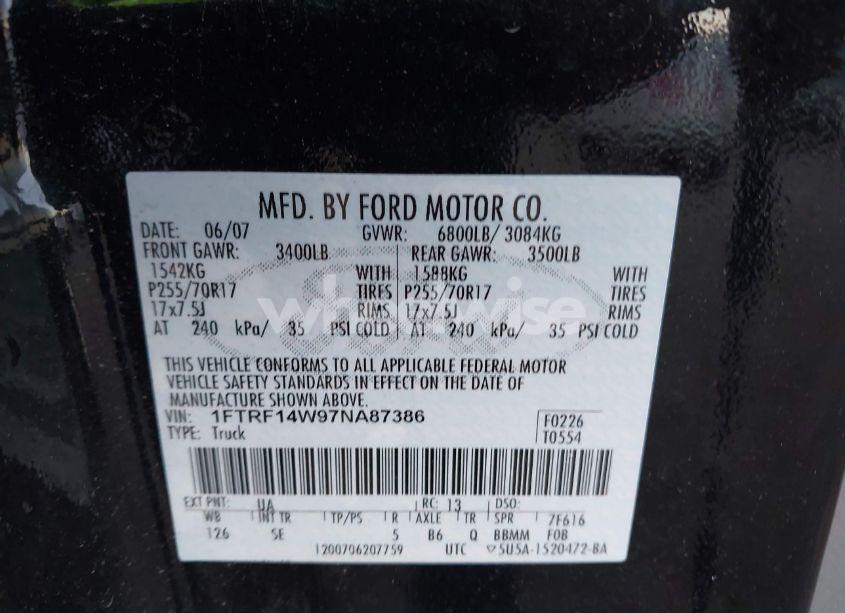 Photo 9 of 2007 Ford F-150 STX/XL/XLT (VIN 1FTRF14W97NA87386)