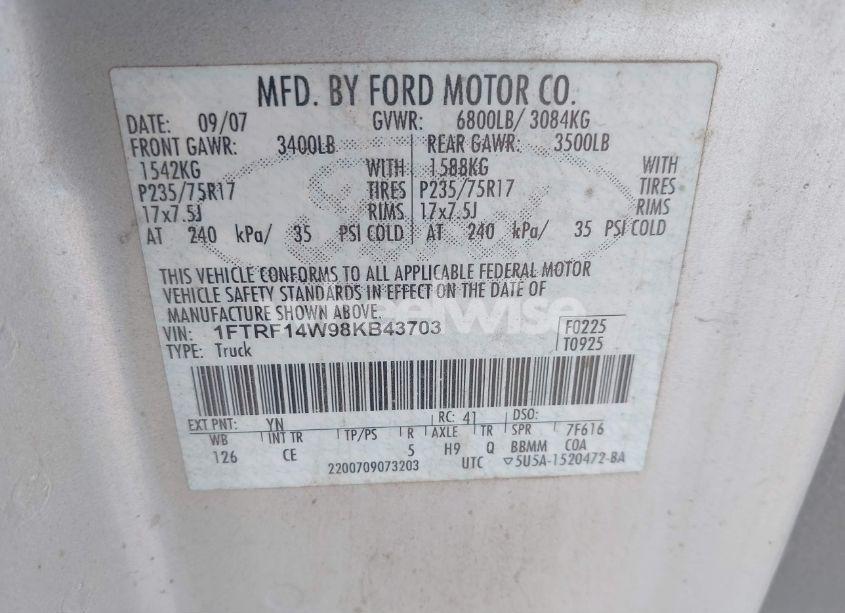 Photo 9 of 2008 Ford F-150 STX/XL/XLT (VIN 1FTRF14W98KB43703)