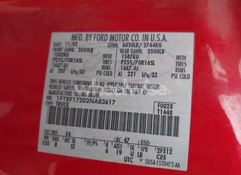 Photo 9 of 2003 Ford F-150 XL/XLT (VIN 1FTRF17203NA83617)