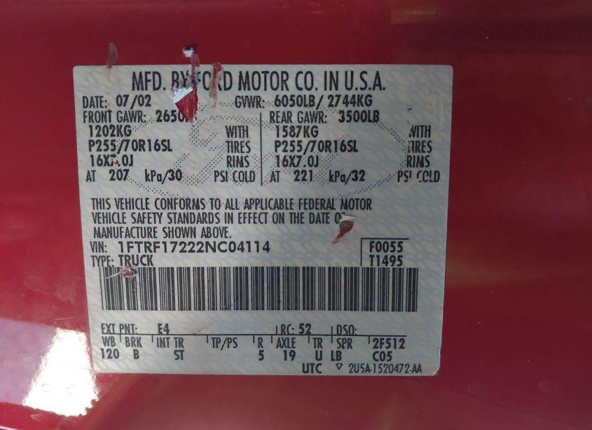 Photo 9 of 2002 Ford F-150 XL/XLT (VIN 1FTRF17222NC04114)