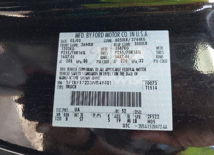 Photo 9 of 2003 Ford F-150 XL/XLT (VIN 1FTRF17233NB49481)