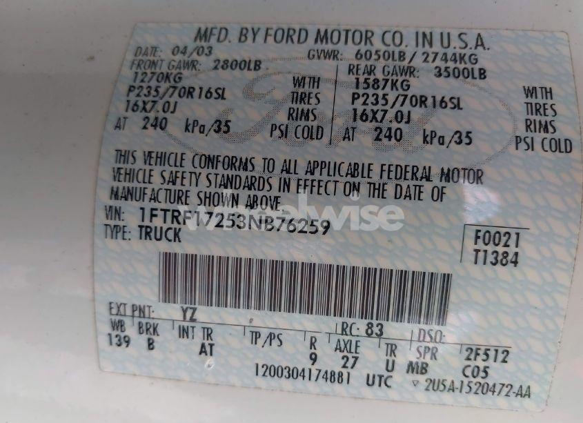 Photo 9 of 2003 Ford F-150 XL/XLT (VIN 1FTRF17253NB76259)