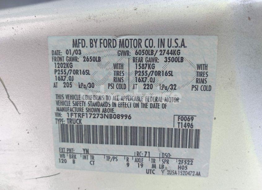 Photo 9 of 2003 Ford F-150 XL/XLT (VIN 1FTRF17273NB08996)