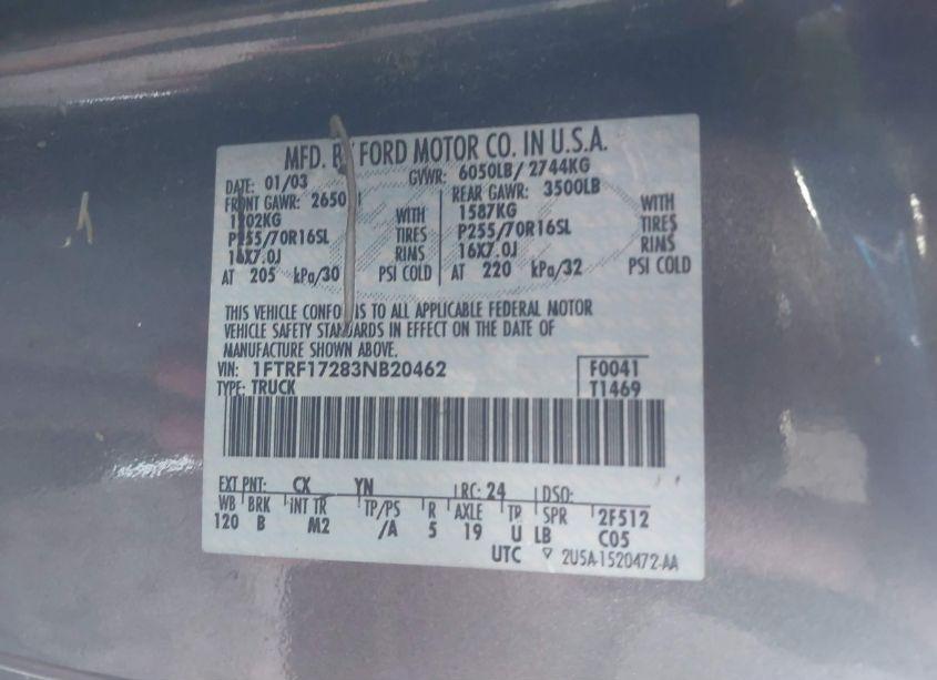 Photo 9 of 2003 Ford F-150 XL/XLT (VIN 1FTRF17283NB20462)