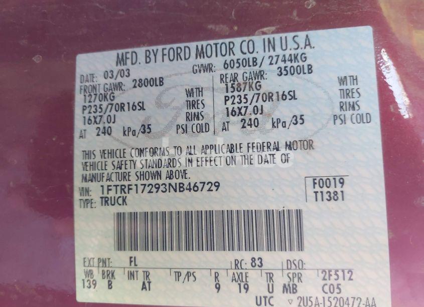 Photo 9 of 2003 Ford F-150 XL/XLT (VIN 1FTRF17293NB46729)