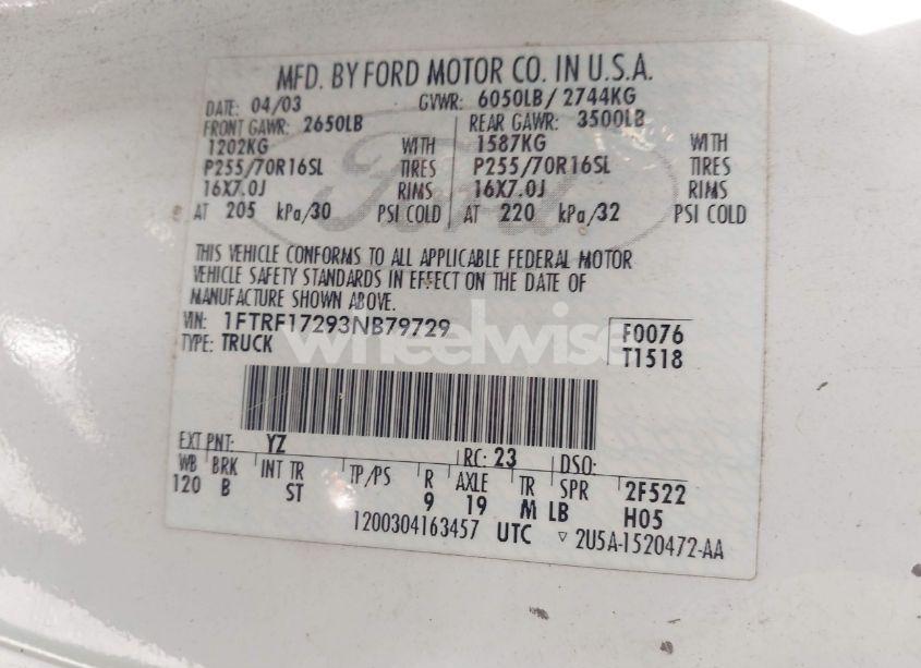 Photo 9 of 2003 Ford F150 XL/XLT (VIN 1FTRF17293NB79729)