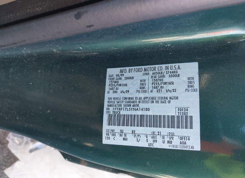 Photo 9 of 2000 Ford F-150 WORK SERIES/XL/XLT (VIN 1FTRF17L5YNA14180)