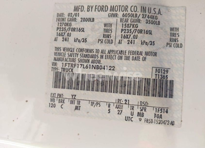 Photo 9 of 2001 Ford F-150 XL/XLT (VIN 1FTRF17L61NB04122)