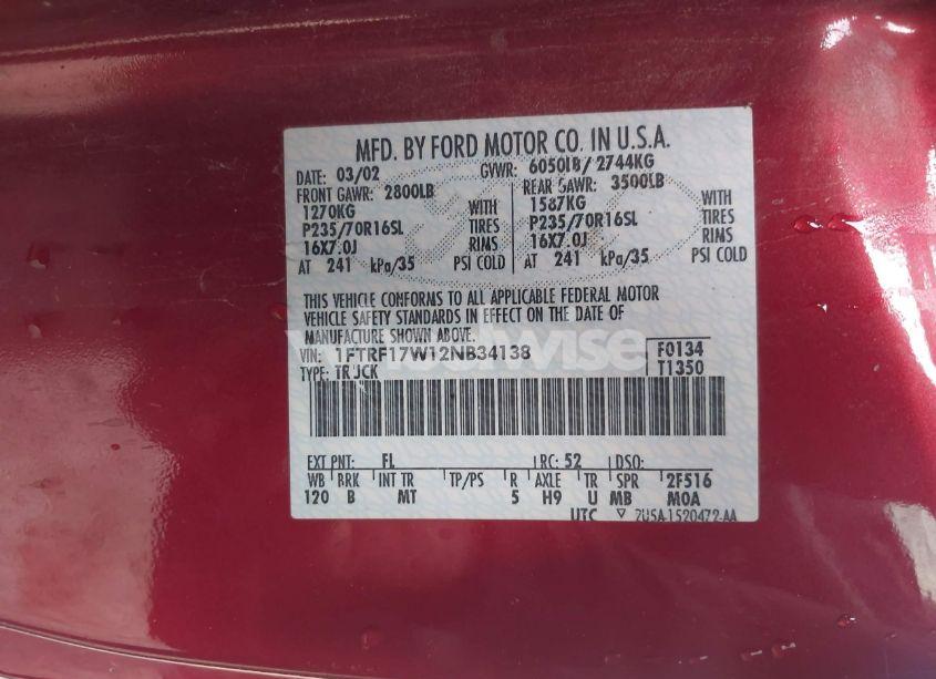 Photo 9 of 2002 Ford F-150 XL/XLT (VIN 1FTRF17W12NB34138)