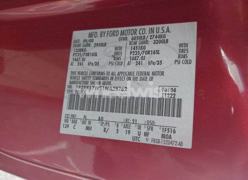 Photo 9 of 2001 Ford F-150 XL/XLT (VIN 1FTRF17W51NA25762)