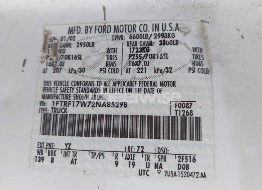 Photo 9 of 2002 Ford F-150 XL/XLT (VIN 1FTRF17W72NA85298)