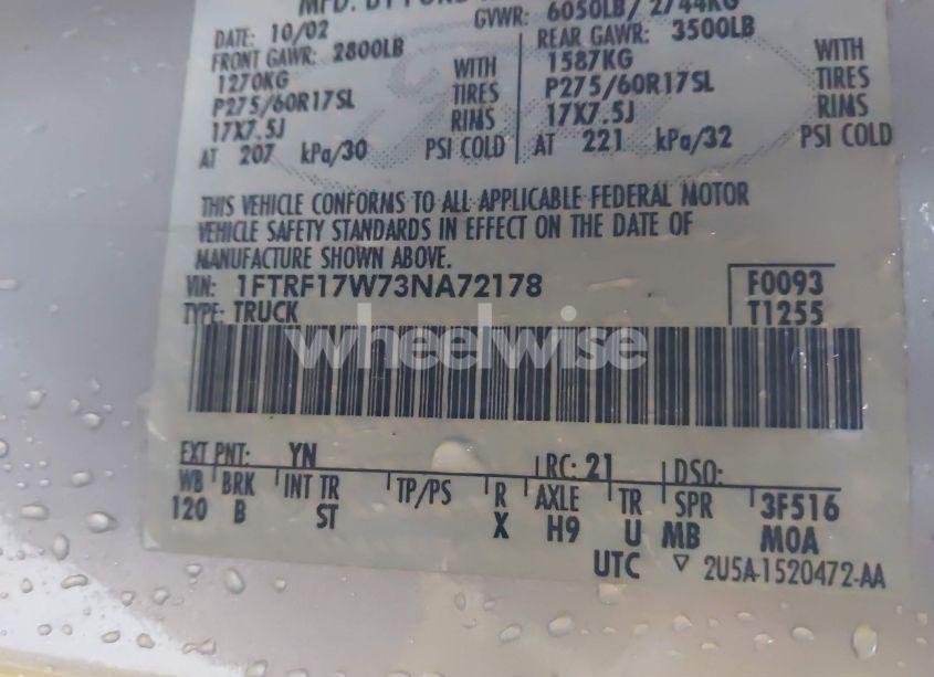 Photo 9 of 2003 Ford F-150 XL/XLT (VIN 1FTRF17W73NA72178)