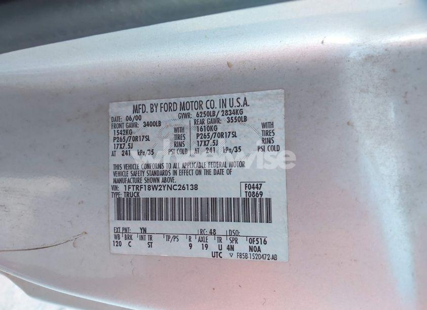 Photo 9 of 2000 Ford F-150 WORK SERIES/XL/XLT (VIN 1FTRF18W2YNC26138)