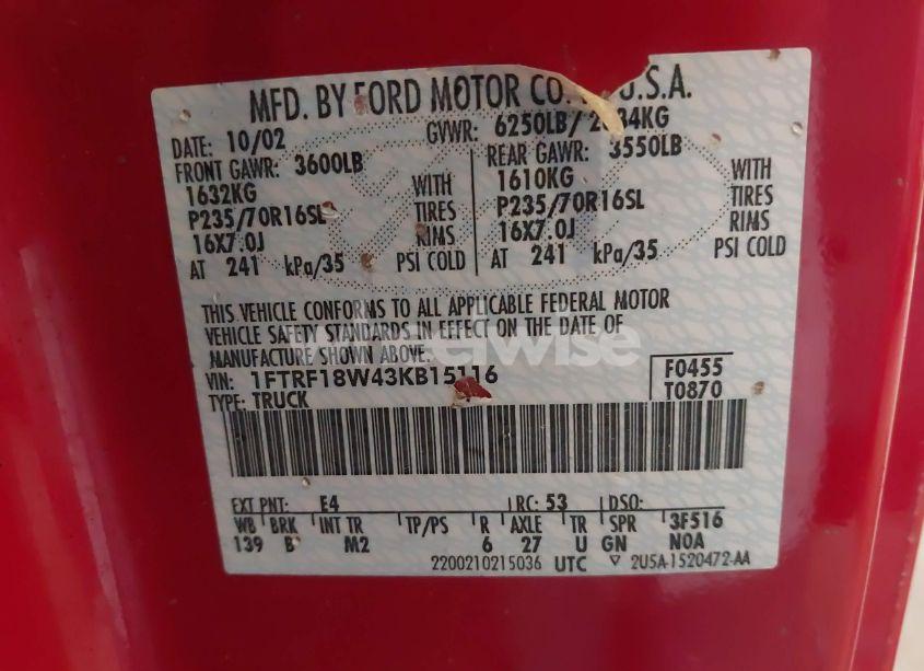 Photo 9 of 2003 Ford F-150 XL/XLT (VIN 1FTRF18W43KB15116)