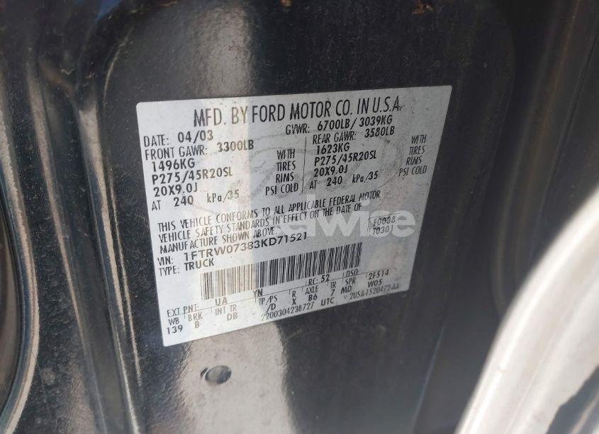 Photo 9 of 2003 Ford F-150 LARIAT (VIN 1FTRW07383KD71521)