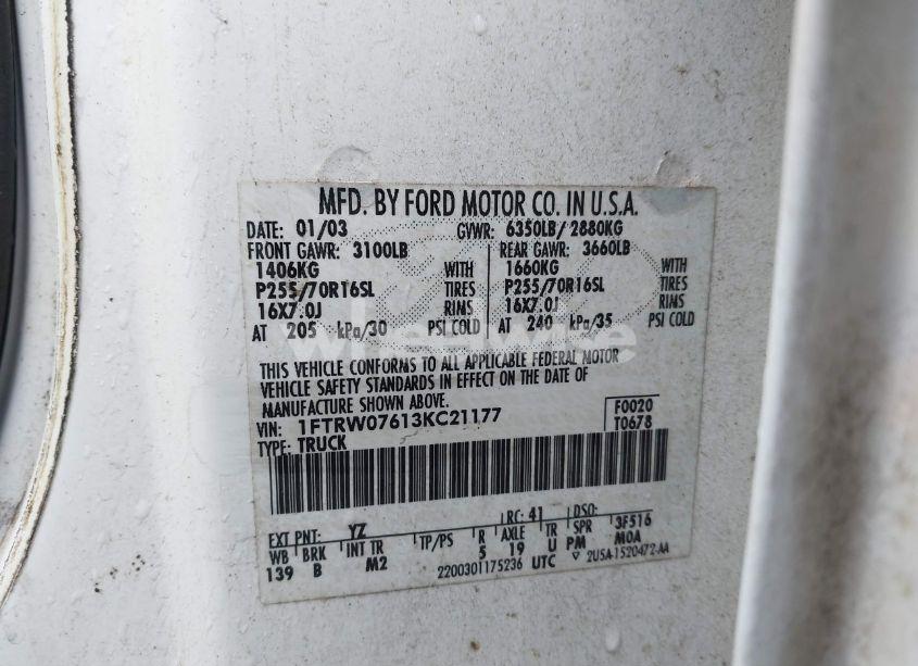 Photo 9 of 2003 Ford F-150 LARIAT/XLT (VIN 1FTRW07613KC21177)