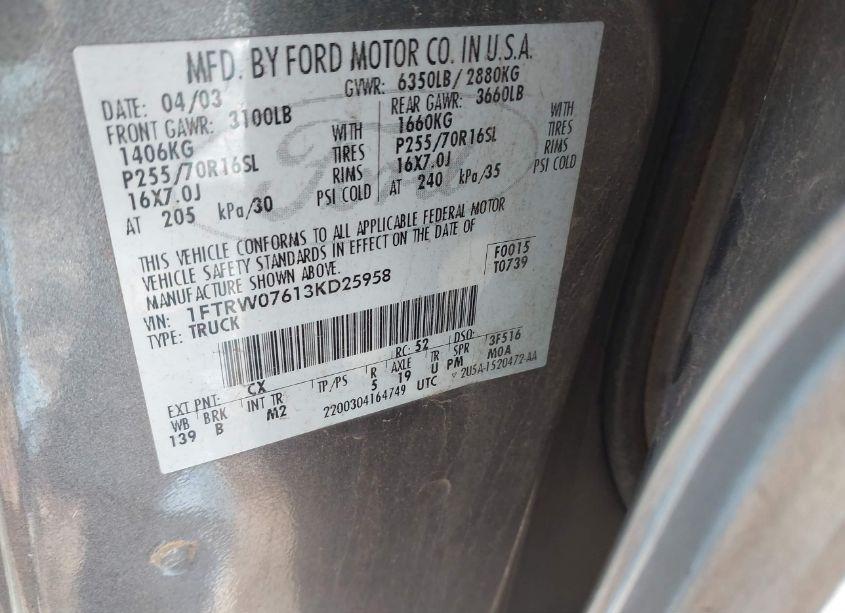 Photo 9 of 2003 Ford F-150 LARIAT/XLT (VIN 1FTRW07613KD25958)