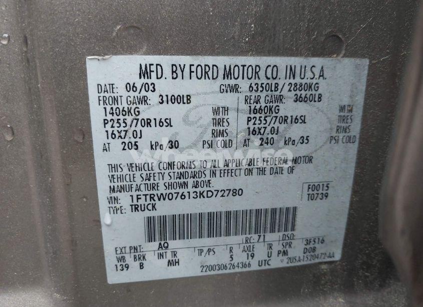 Photo 9 of 2003 Ford F-150 LARIAT/XLT (VIN 1FTRW07613KD72780)