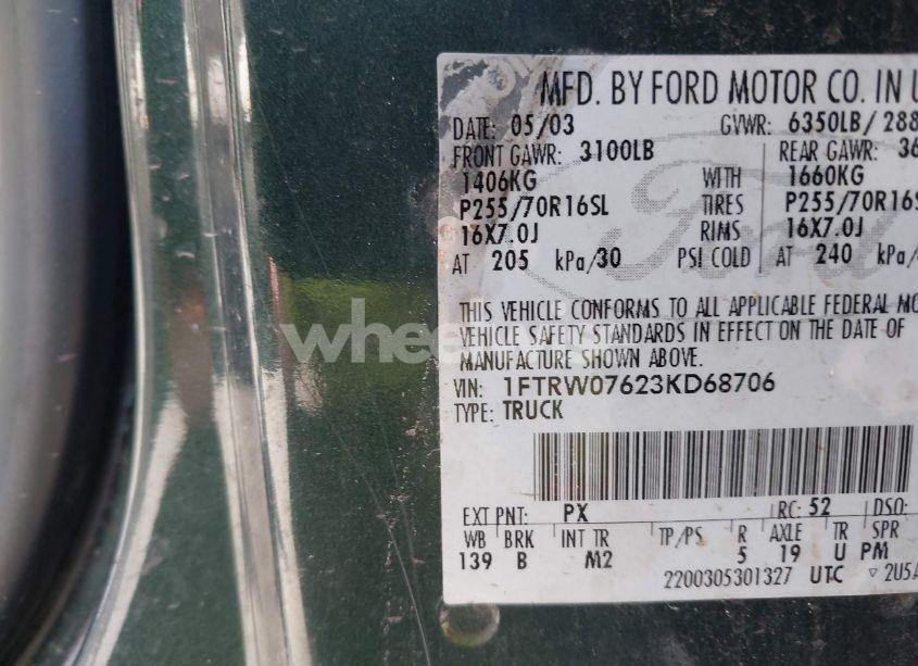 Photo 9 of 2003 Ford F-150 LARIAT/XLT (VIN 1FTRW07623KD68706)