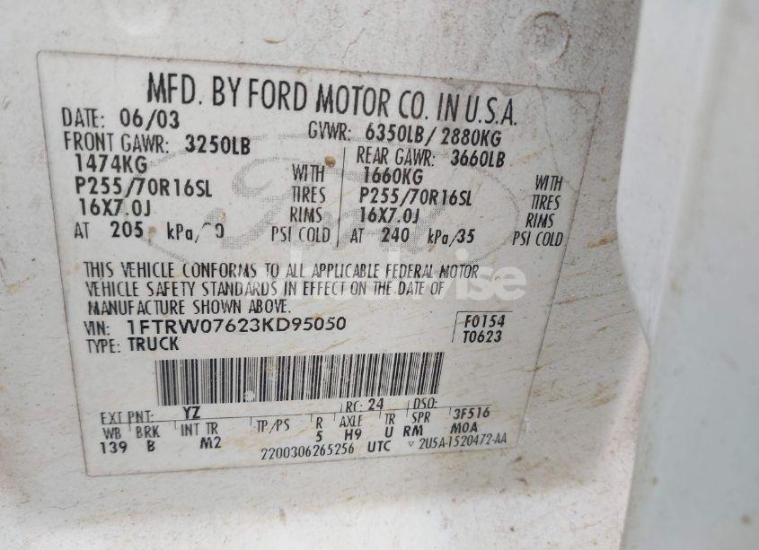 Photo 9 of 2003 Ford F-150 LARIAT/XLT (VIN 1FTRW07623KD95050)